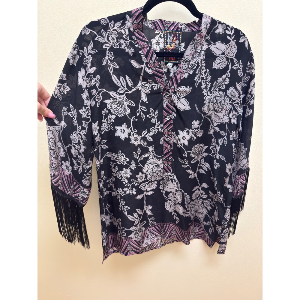 Johnny Was Edina Fringe Blouse Black Floral Silk Boho V-Neck Top XS W18423-E - Picture 4 of 6